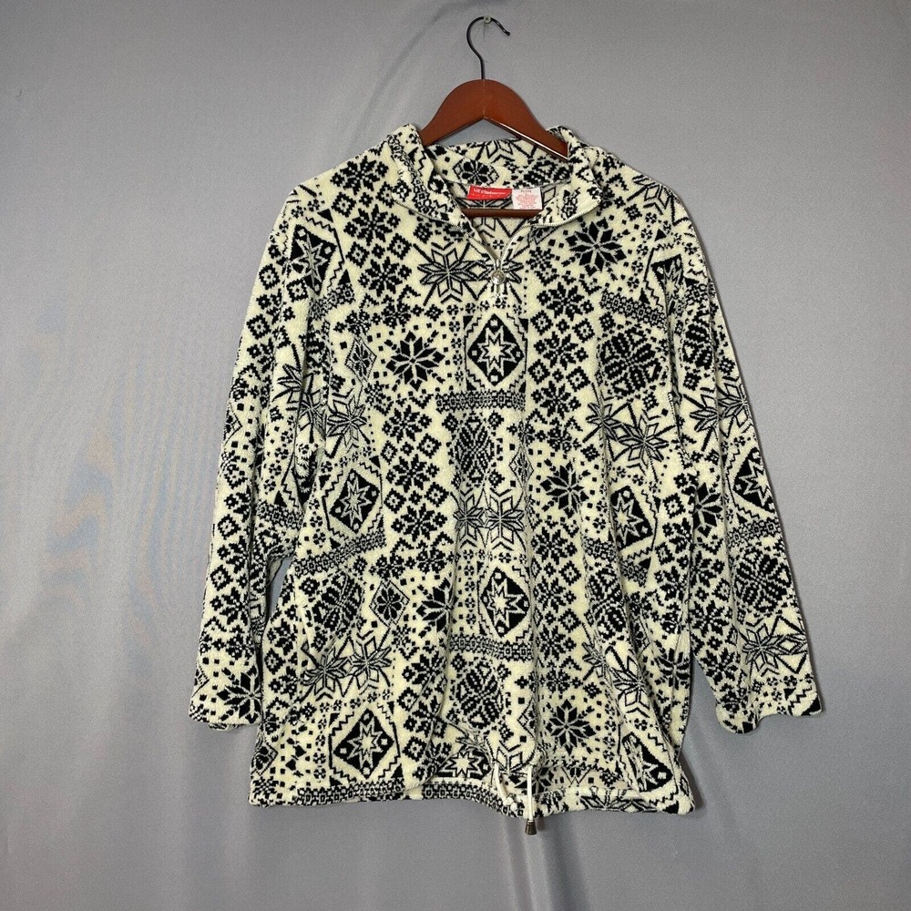 Liz Claiborne Sweater Women's Large Petite Snowflake Pullover Fleece Black White